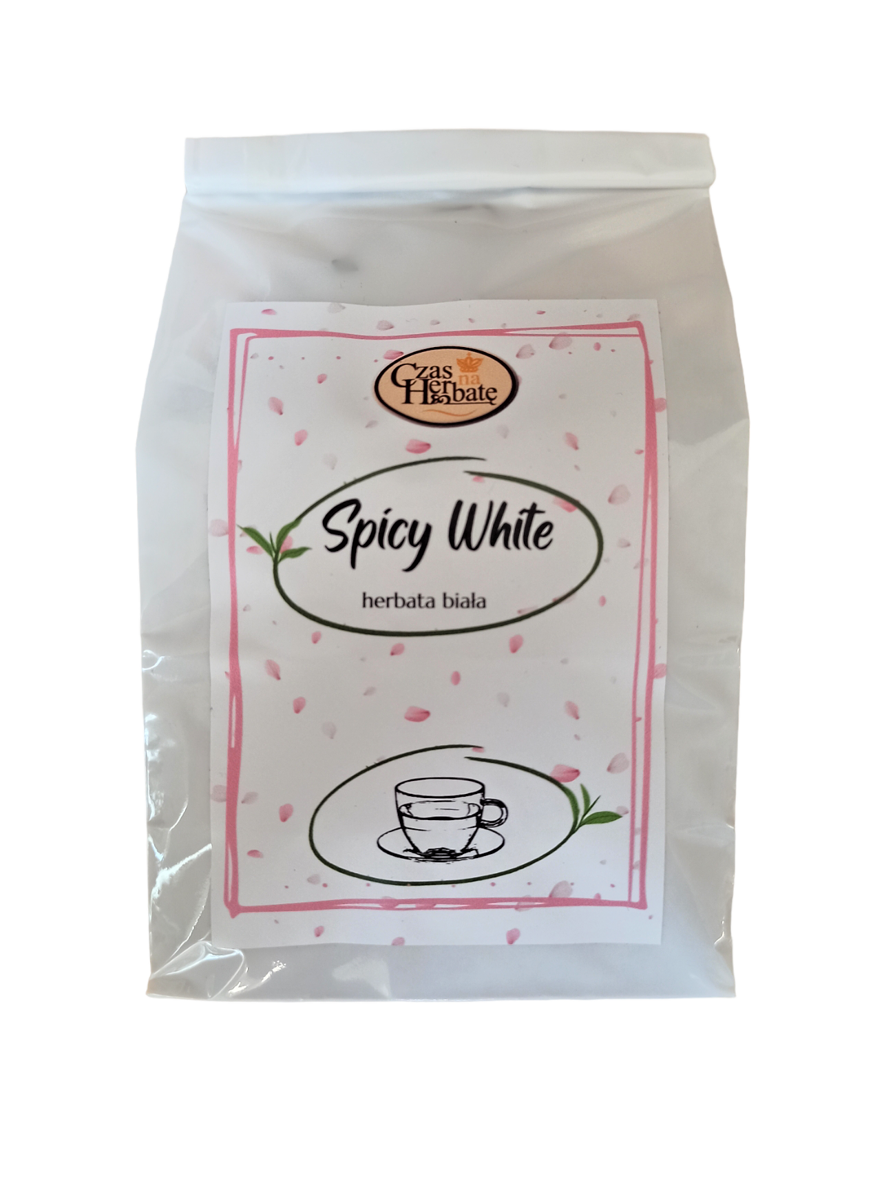 Białe błyszczące opakowanie herbaty z biała etykietą