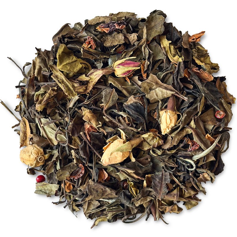 Liście białej herbaty z dodatkiem płatków i pąków róży i ziarenek czerwonego pieprzu