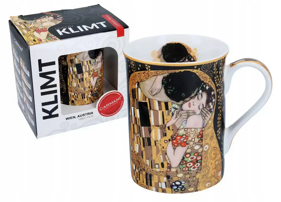 Kubek z motywem obrazu "Pocałunek" Gustava Klimta, zapakowany w pudełko z okienkiem