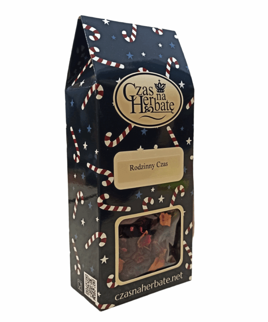 Widok z boku na czarne opakowanie z motywem lasek cuktowych i kwadratowym okienkiem