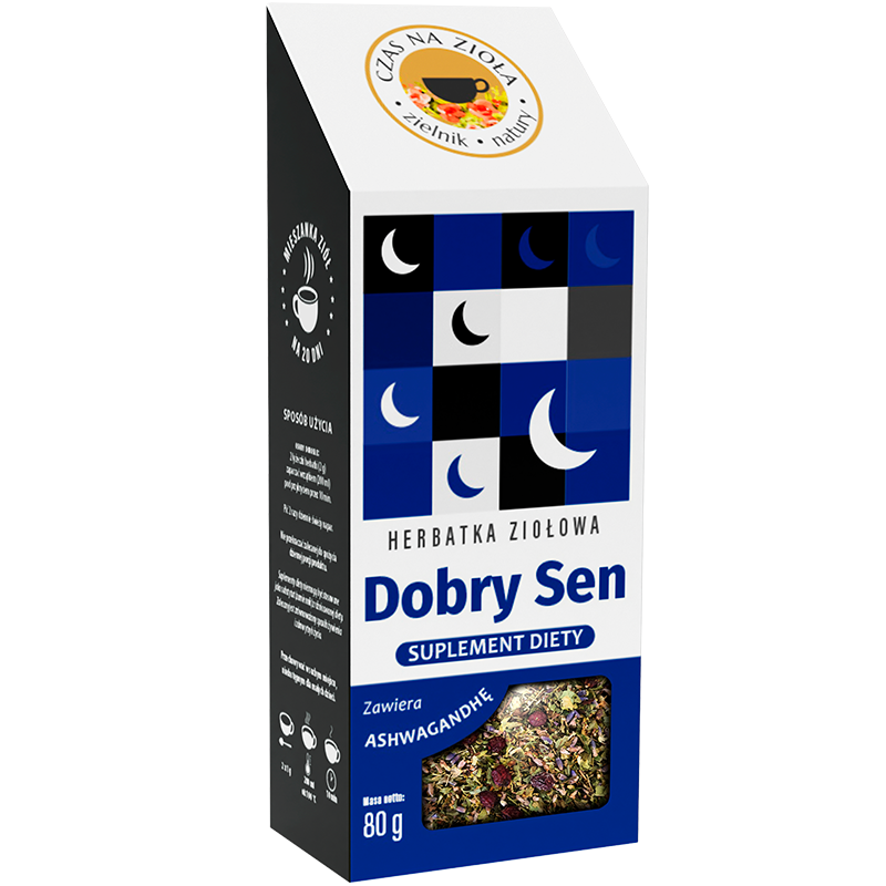 Widok z boku na niebieskie pudełko herbaty ziołowej z okienkiem