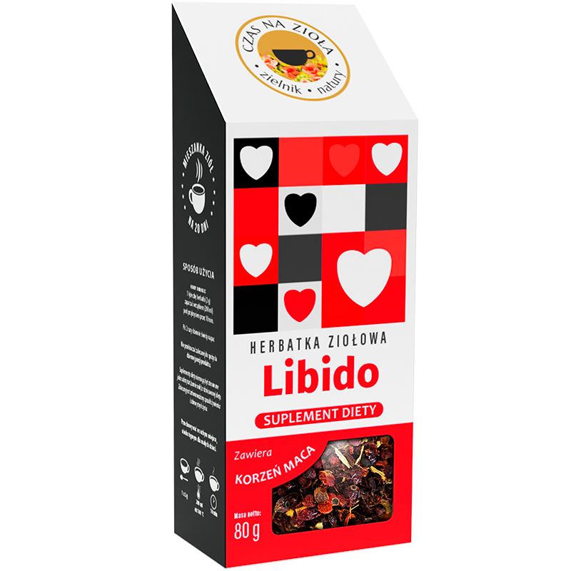 Side view of red herbal tea package with window