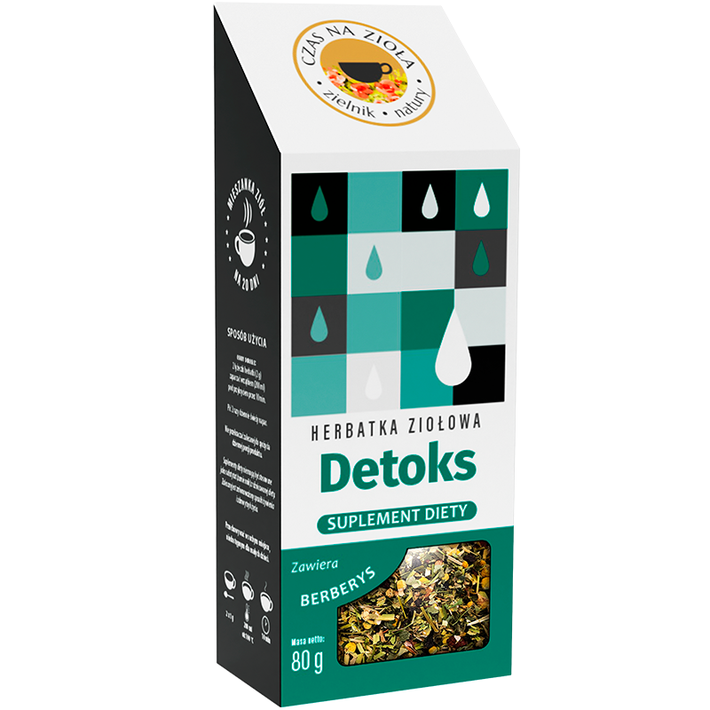 Widok z boku na zielone opakowanie herbaty ziołowej z okienkiem