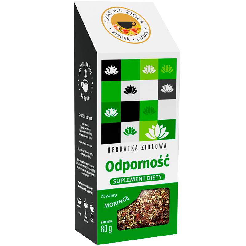 Widok z boku na zielone opakowanie herbaty ziołowej z okienkiem