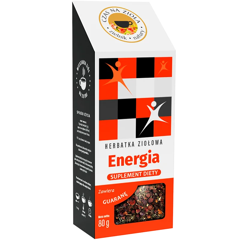 Widok z boku na czerwone opakowanie herbaty ziołowej z okienkiem