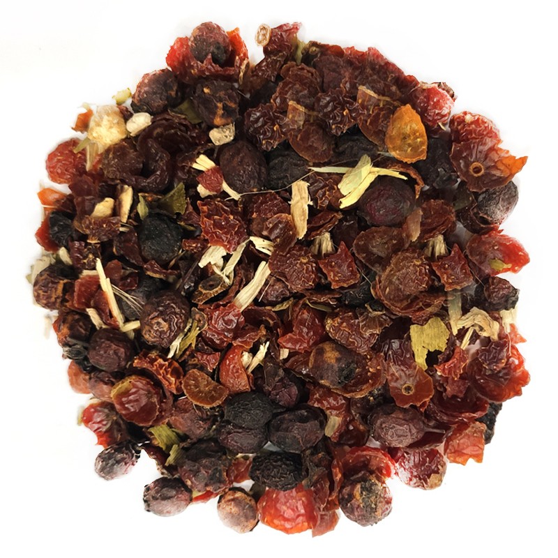 Mieszanka skórki dzikiej róży, owoców głogu, korzenia żeń-szenia, liści miłorzębu, korzenia maca.