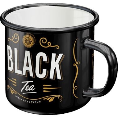 Widok z boku na czarny kubek z żółtymi zdobieniami i białym napisam "Black tea"