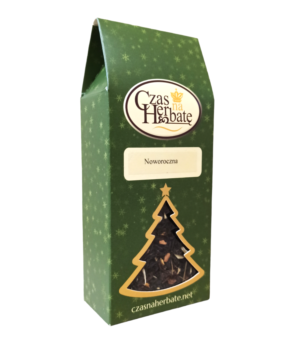 Widok z boku na zielony kartonik herbaty z okienkiem w kształcie choinki
