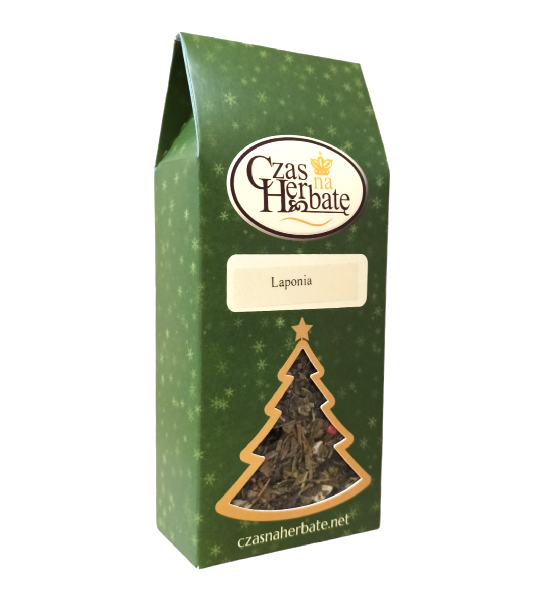 Widok z boku na zielone opakowanie herbaty z okienkiem w kształcie choinki