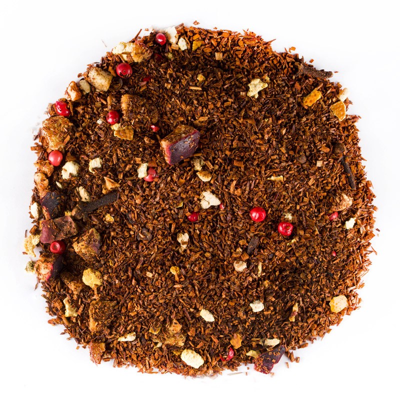 Herbata rooibos z goździkami, ziarenkami czerwonego pieprzu, kawałkami śliwki i skórki pomarańczowej
