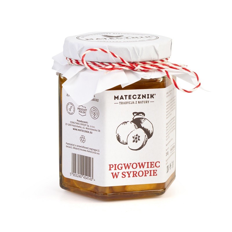 Sześciokątny słoik z białą naklejką i etykietą wokół zakrętki obwiązaną biało-czerwonym sznurkiem