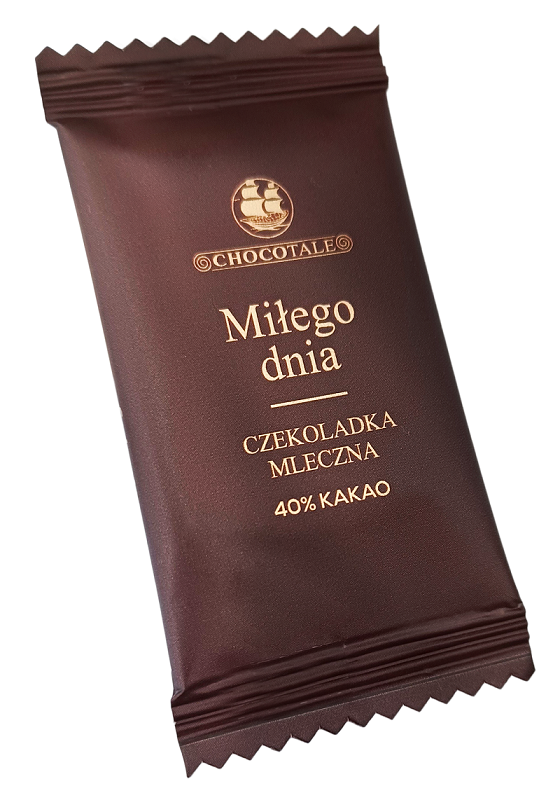 Milk chocolate in a brown package with "Have a nice day" and "40% cocoa".