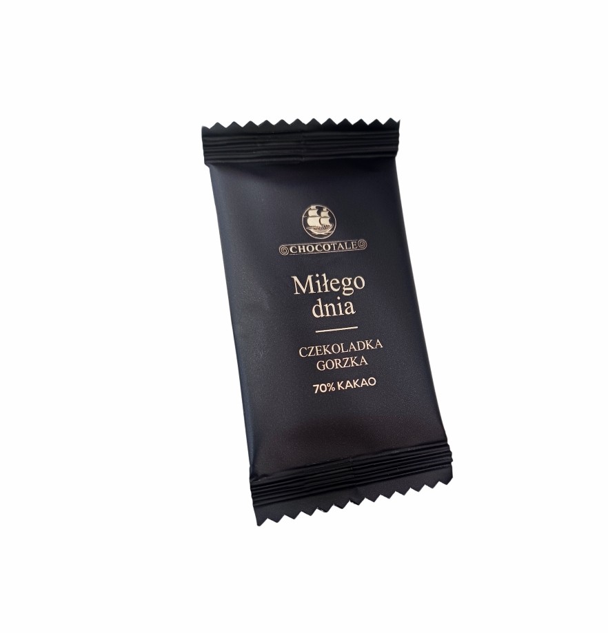 A black sachet with the words "Have a nice day", containing Chocotale dark chocolate with 70% cocoa content.