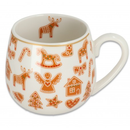 Biały kubek baryłka z nadrukiem w świąteczne pierniki, w środku kubka widoczny nadruk z reniferem z piernika