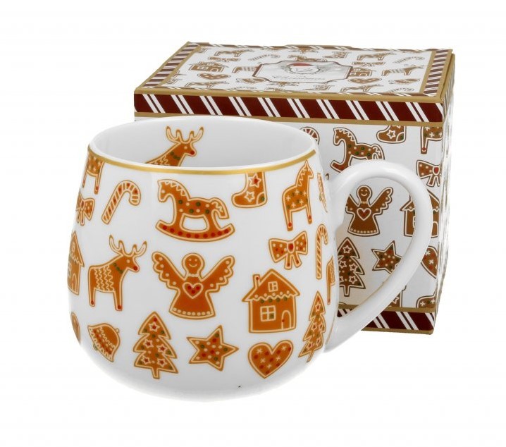 Biały kubek baryłka z nadrukiem w świąteczne pierniki, z tyłu kartonik z tym samym motywem