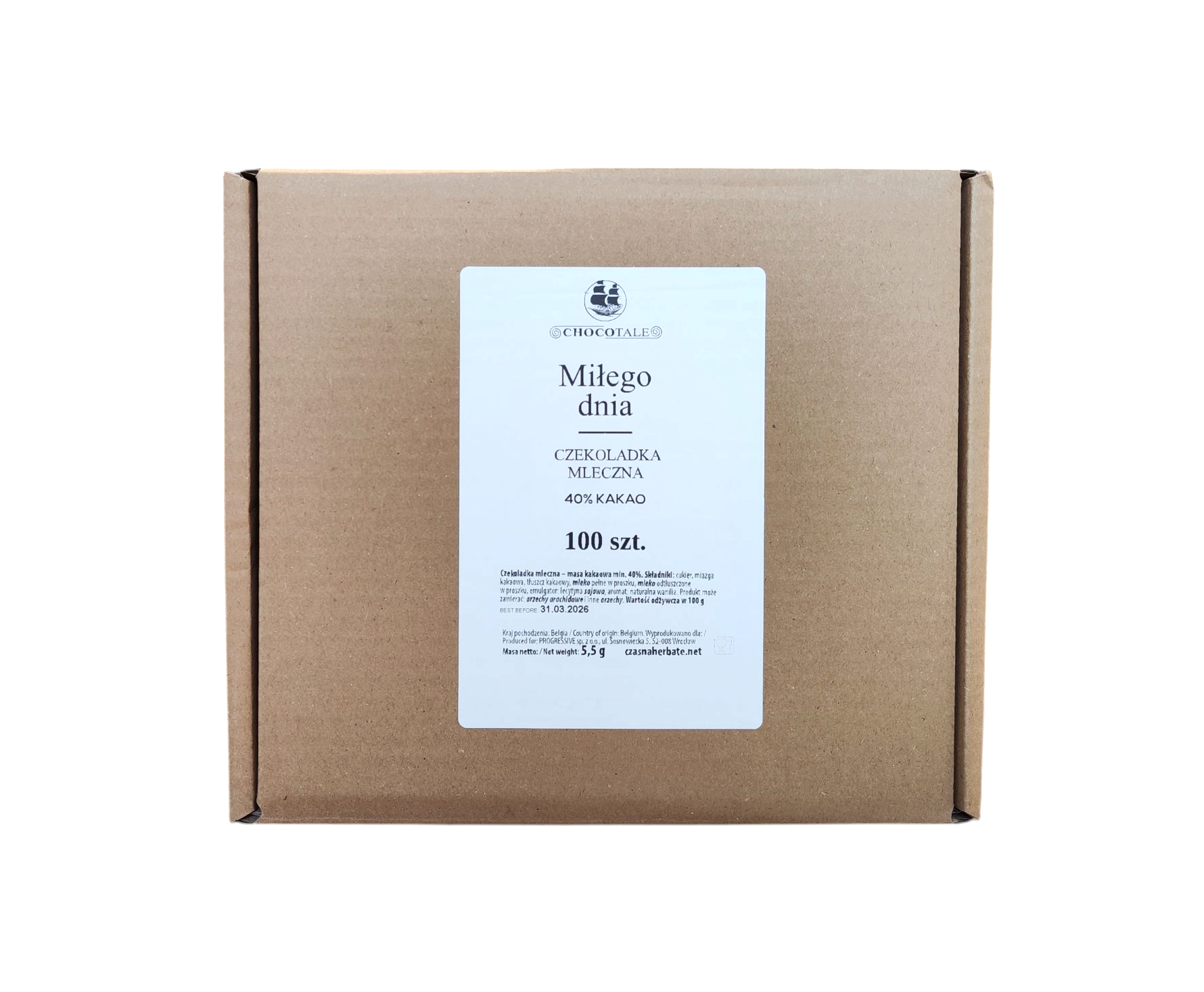 Carton with white label with "Milk chocolate" nappy, "100 pieces".