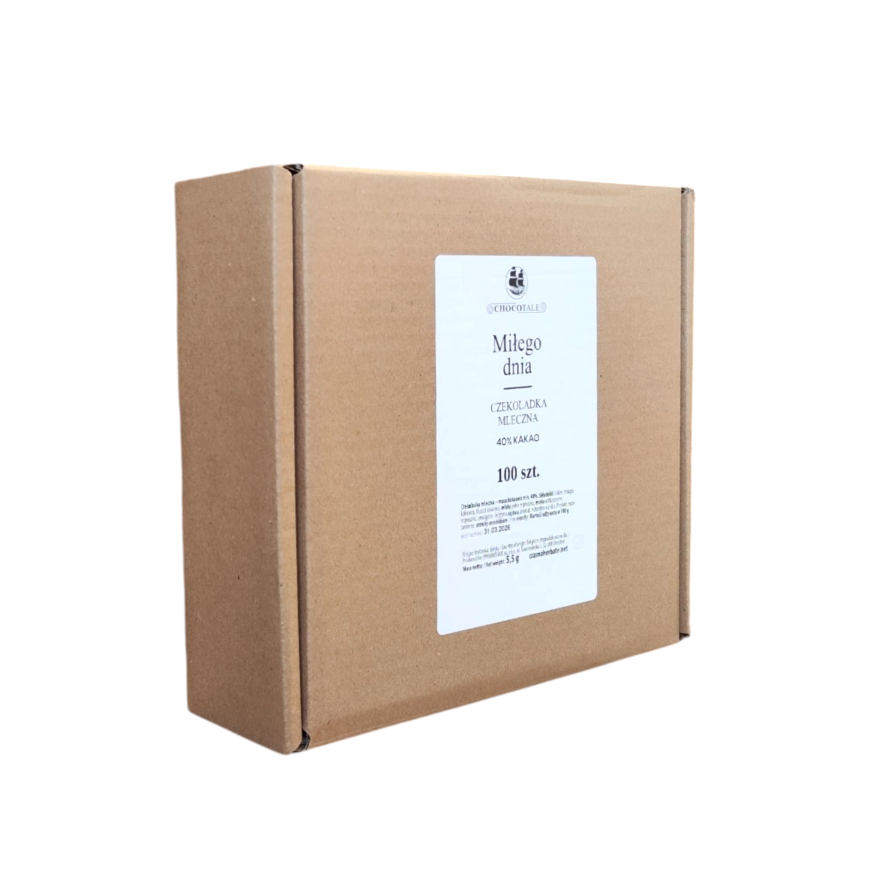 Side view of a carton with a white label reading "Milk chocolate," "100 pieces."