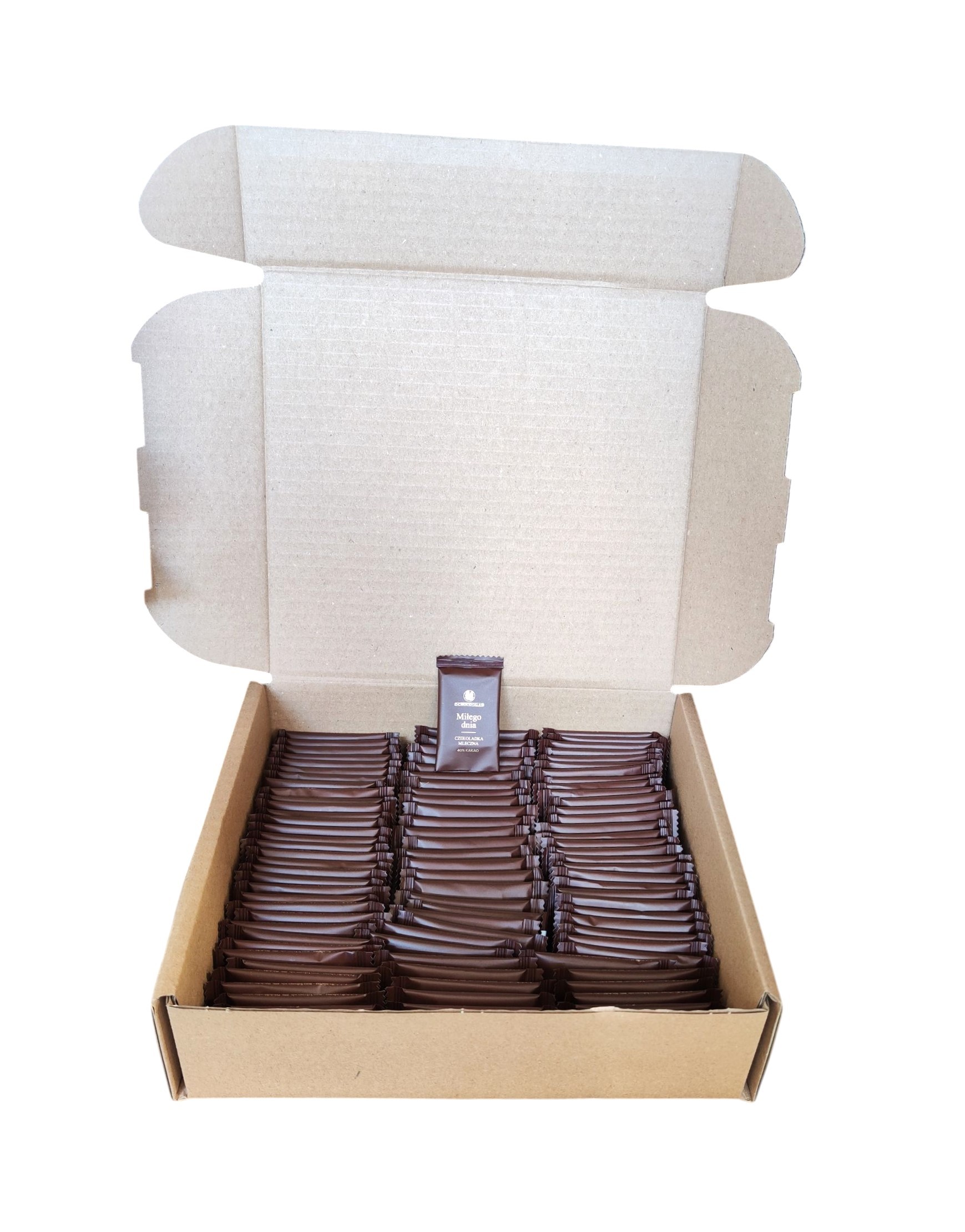 Open cardboard box filled with three rows of chocolates in brown wrappers