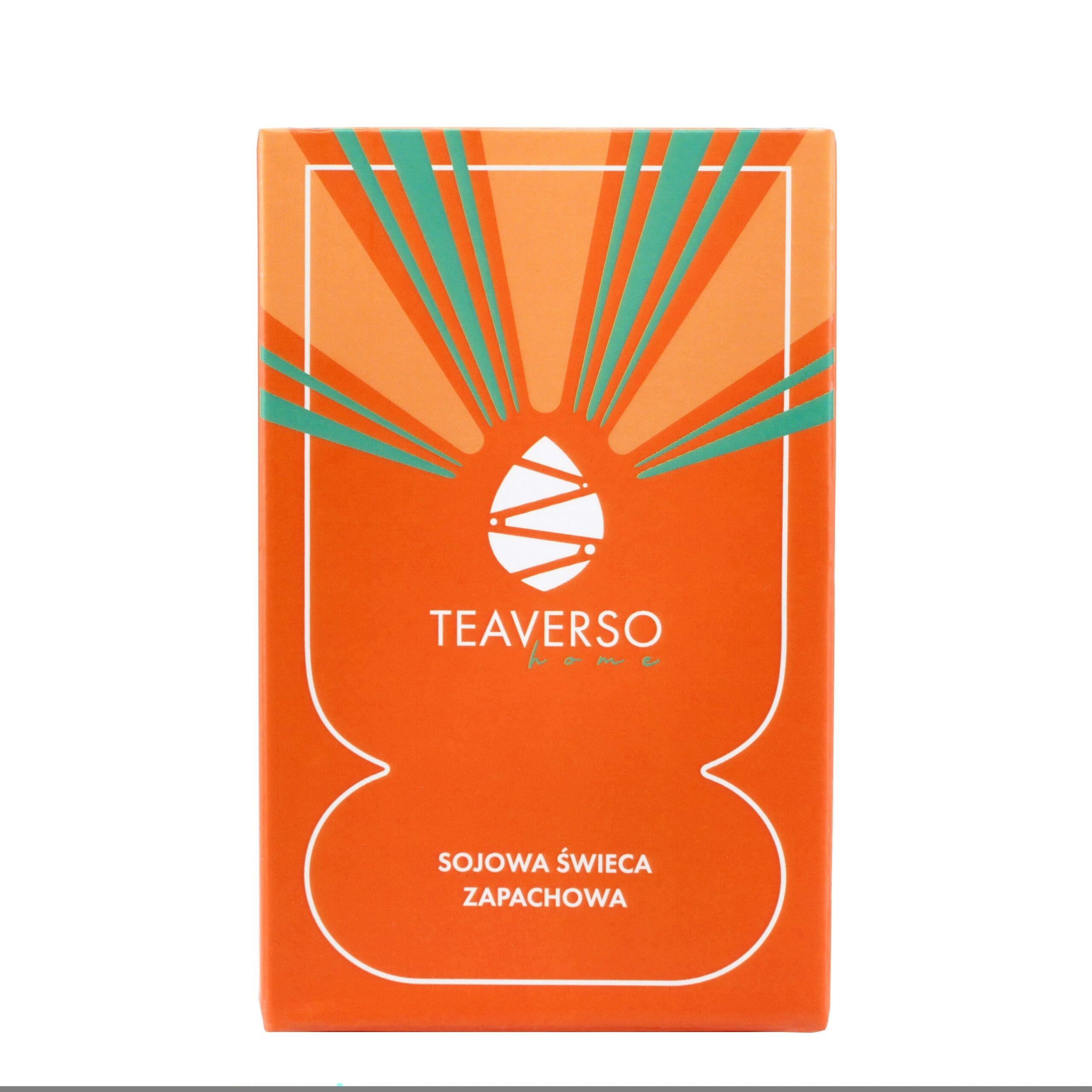 Teaverso sojowa świeca zapachowa, opakowanie: pomarańczowe pudełko z logo i napisem „sojowa świeca zapachowa”.