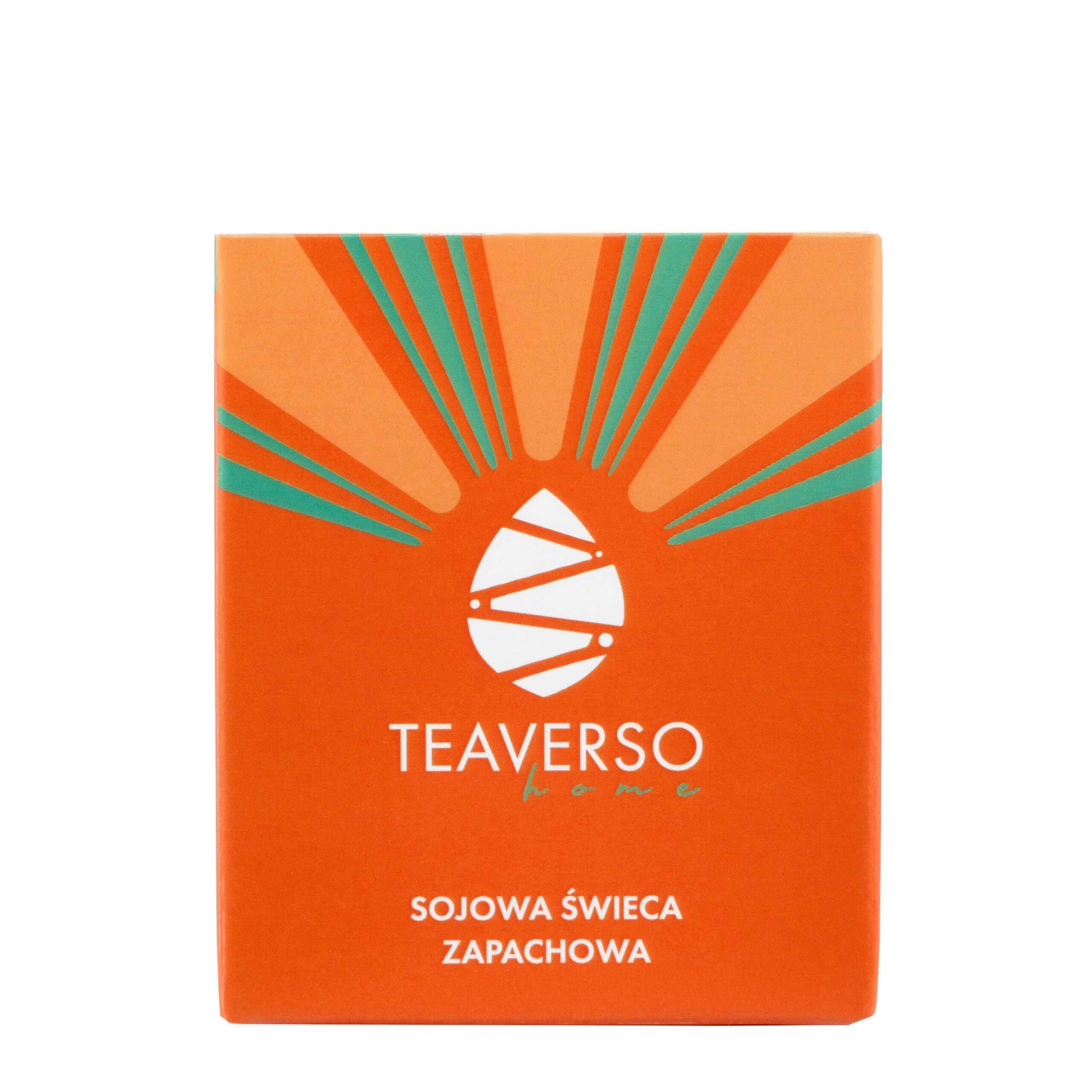 Opakowanie sojowej świecy zapachowej TEAVERSO home w pomarańczowym kolorze z elementami zieleni, białym logo oraz napisem "SOJOWA ŚWIECA ZAPACHOWA" na dole.