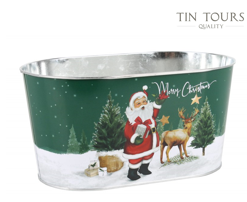 Metalowy kosz świąteczny – zielone tło, Mikołaj, prezenty, renifer i napis "Merry Christmas".