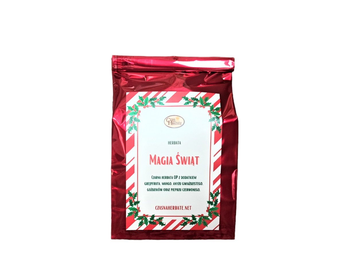 Widok z przodu na czerwoną torebkę z napisem "Magia Świąt" – czarna herbata z grejpfrutem, mango, goji i pieprzem czerwonym.