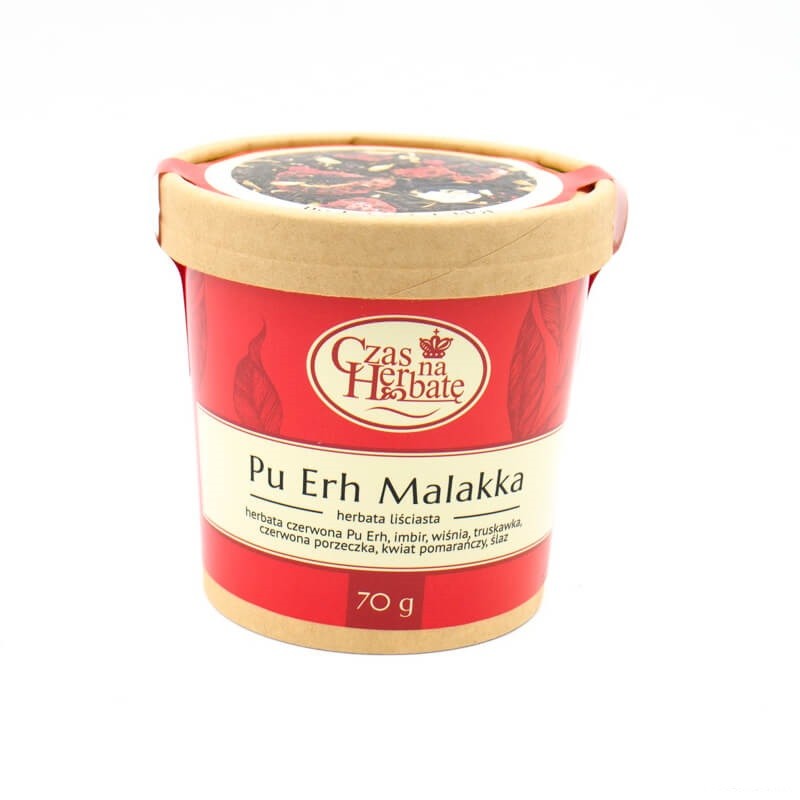 Pu Erh Malakka – herbata liściasta z imbirem, wiśnią, truskawką, porzeczką, kwiatem pomarańczy i ślazem, 70g.