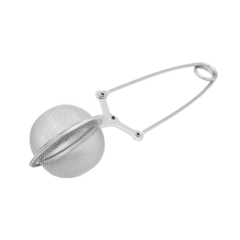 Zaparzacz kulkowy do herbaty ze stali nierdzewnej, widok z przodu na otwartą konstrukcję i długie uchwyty.