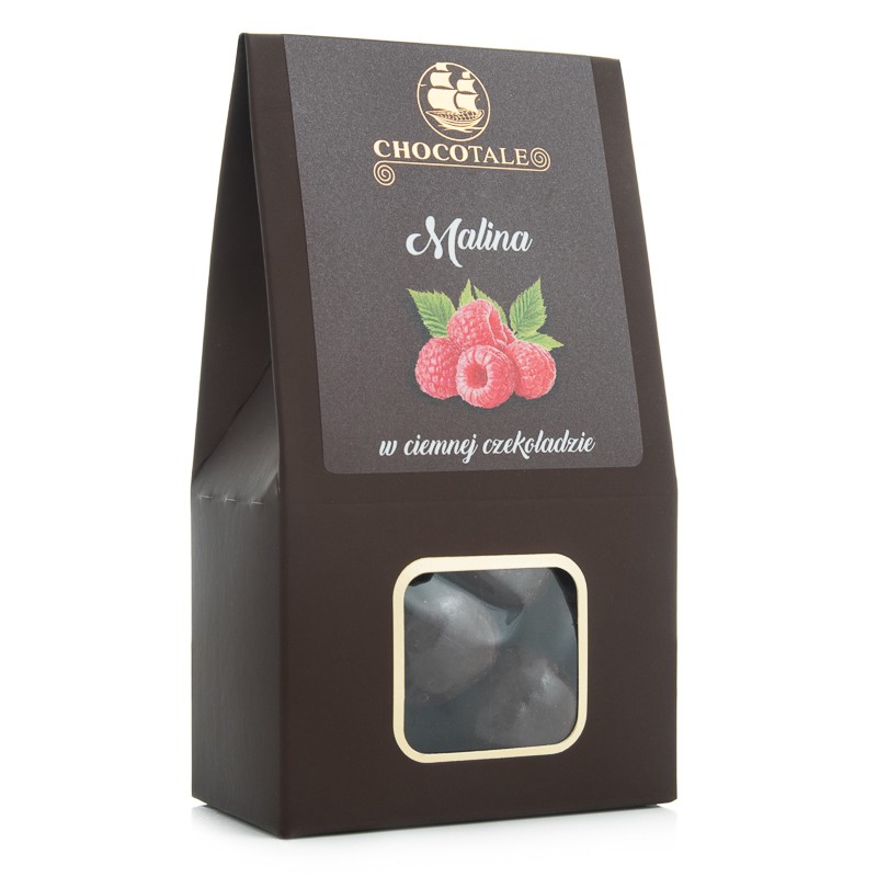 A dark brown Chocotale "Raspberry in dark chocolate" bag with a window showing chocolates and an illustration of raspberries.