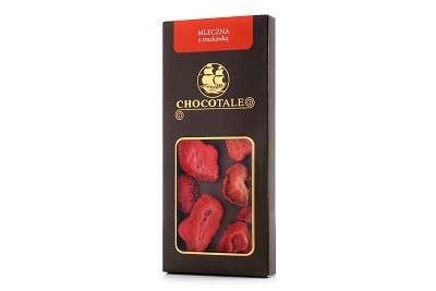 Chocotale milk chocolate with strawberry, a rectangular bar with a window showing pieces of freeze-dried strawberries.