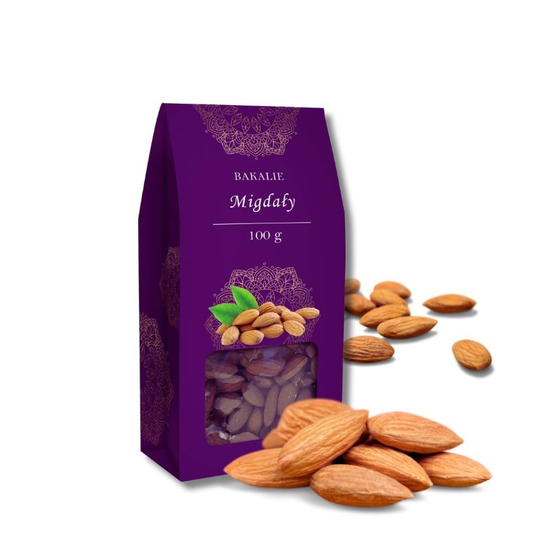 Purple bag "Almonds 100g" with a window, next to it scattered almonds on a white background.