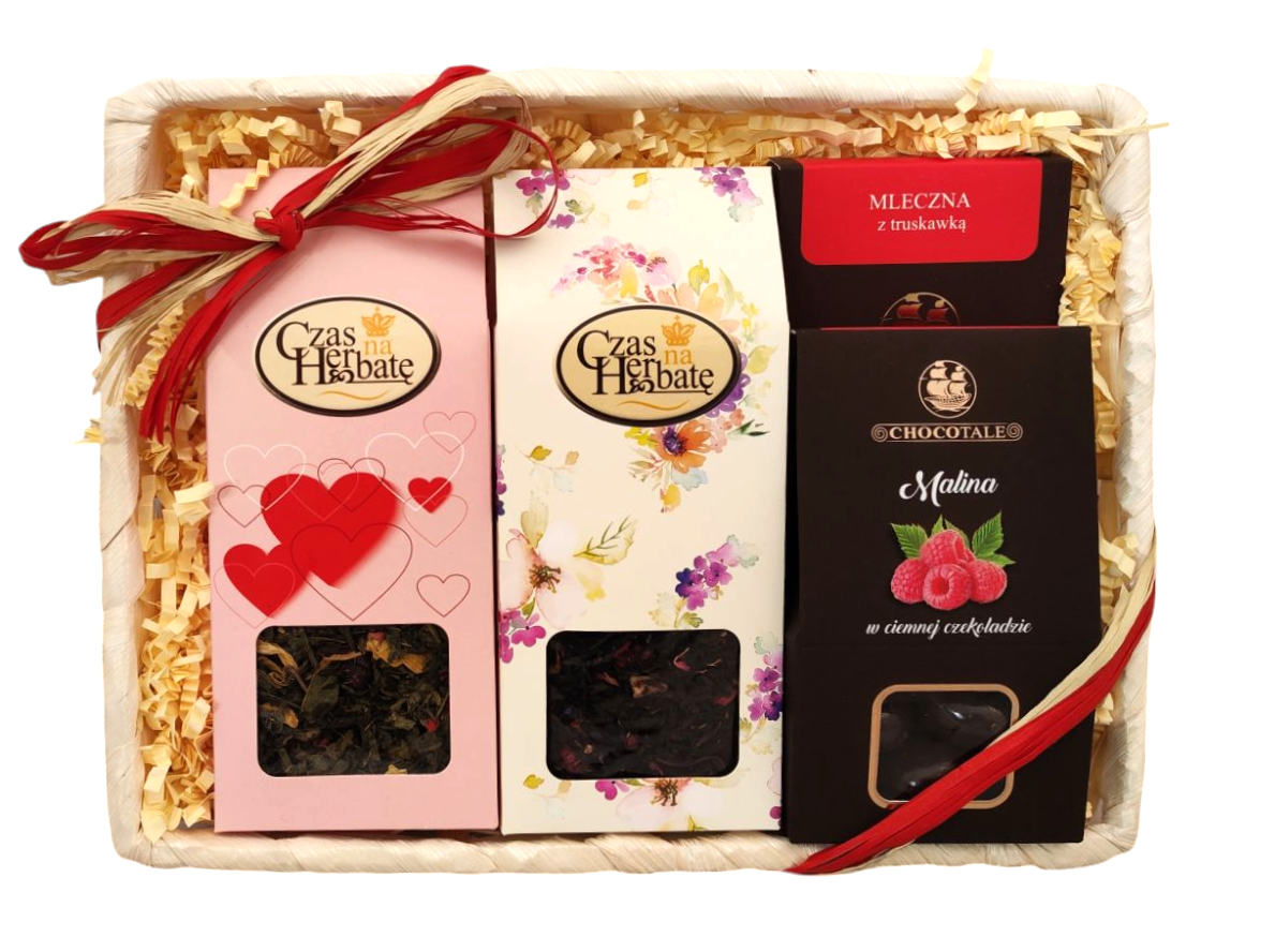 Front view of the gift set: two Tea Time teas and two Chocotale chocolates, decorated with red accents.