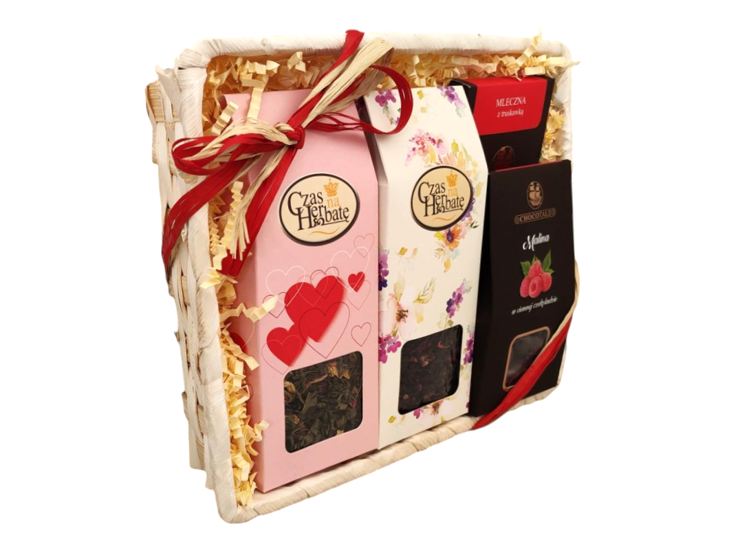 A side view of the gift set: two Tea Time teas and two Chocotale chocolates, decorated with red accents.