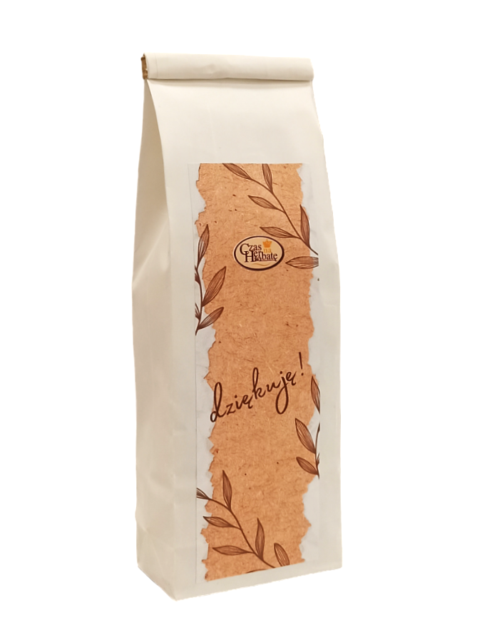 Biała torebka z brązową etykietą z liśćmi i napisem "Czas na herbatę, dziękuję!".