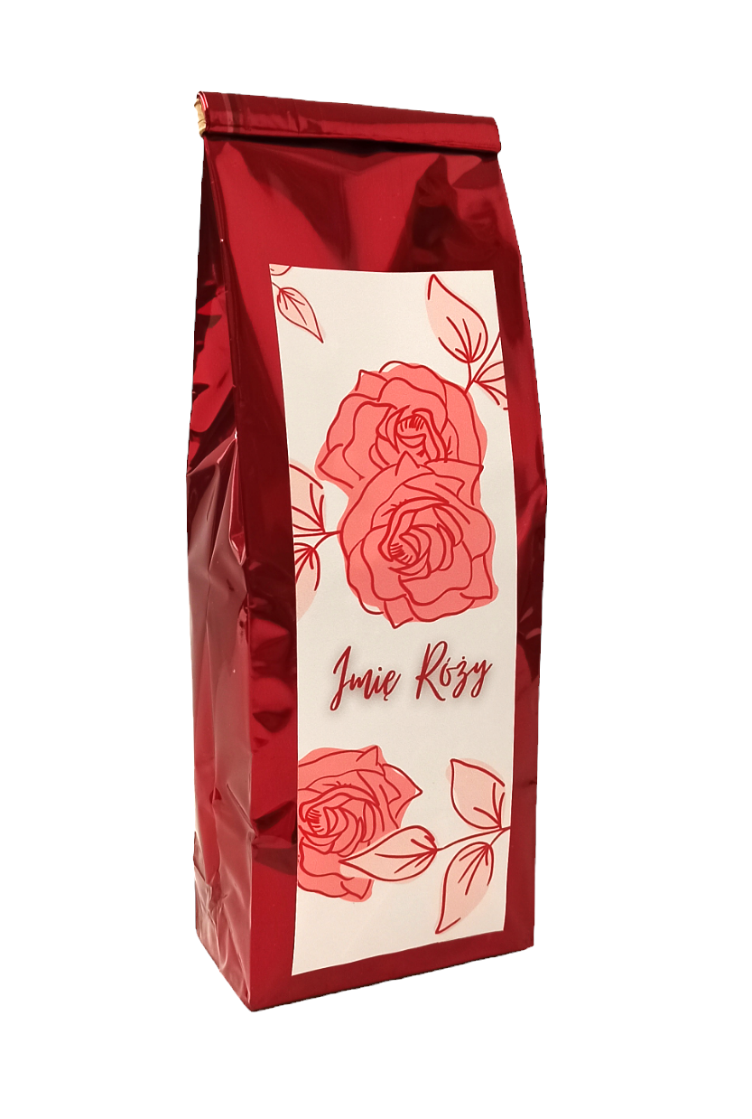 Czerwona torebka z białą etykietą ozdobioną rysunkiem róż i napisem "Imię Róży".