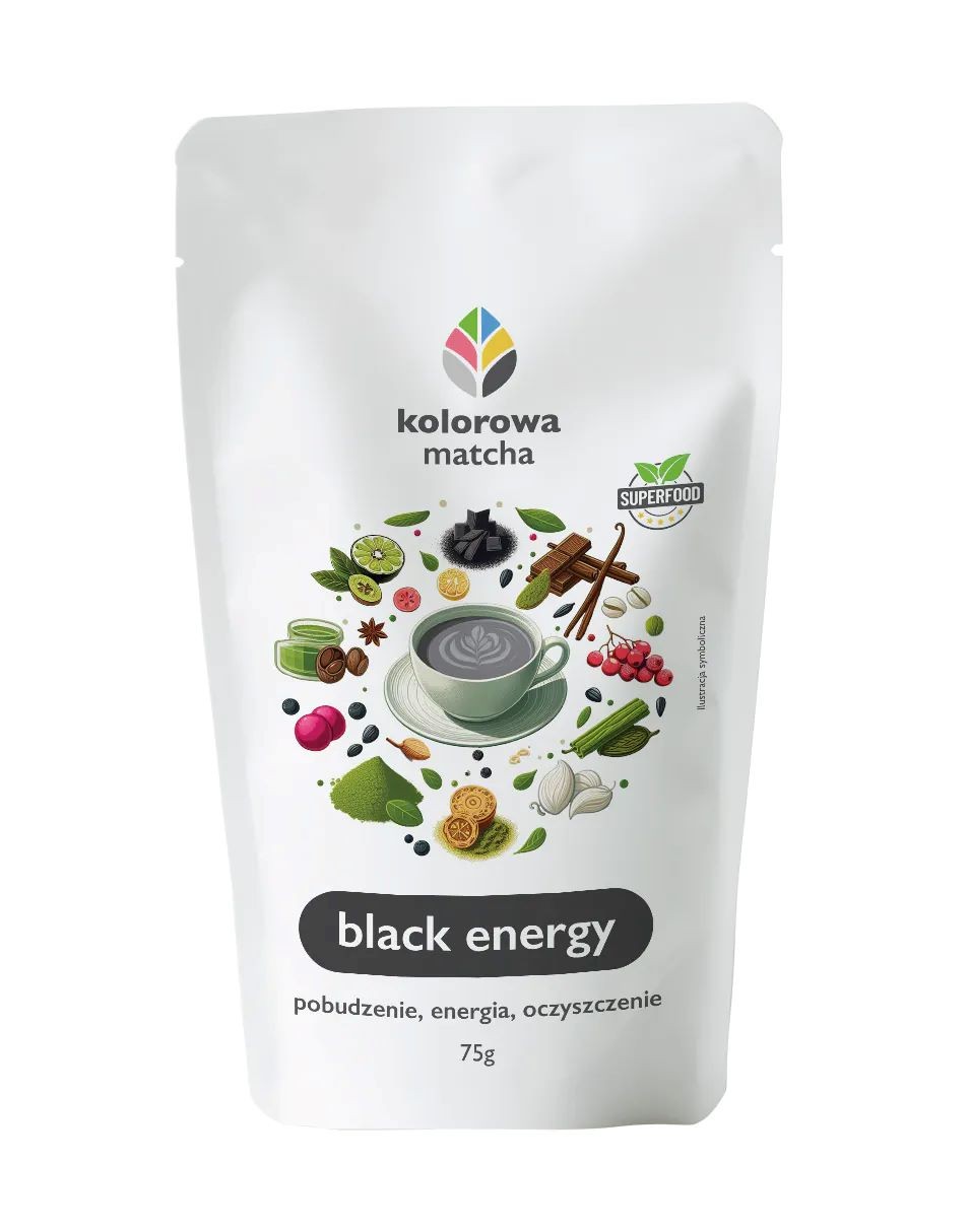 Opakowanie "kolorowa matcha black energy", z ilustracją czarnej herbaty, węgla, owoców i przypraw, 75g.