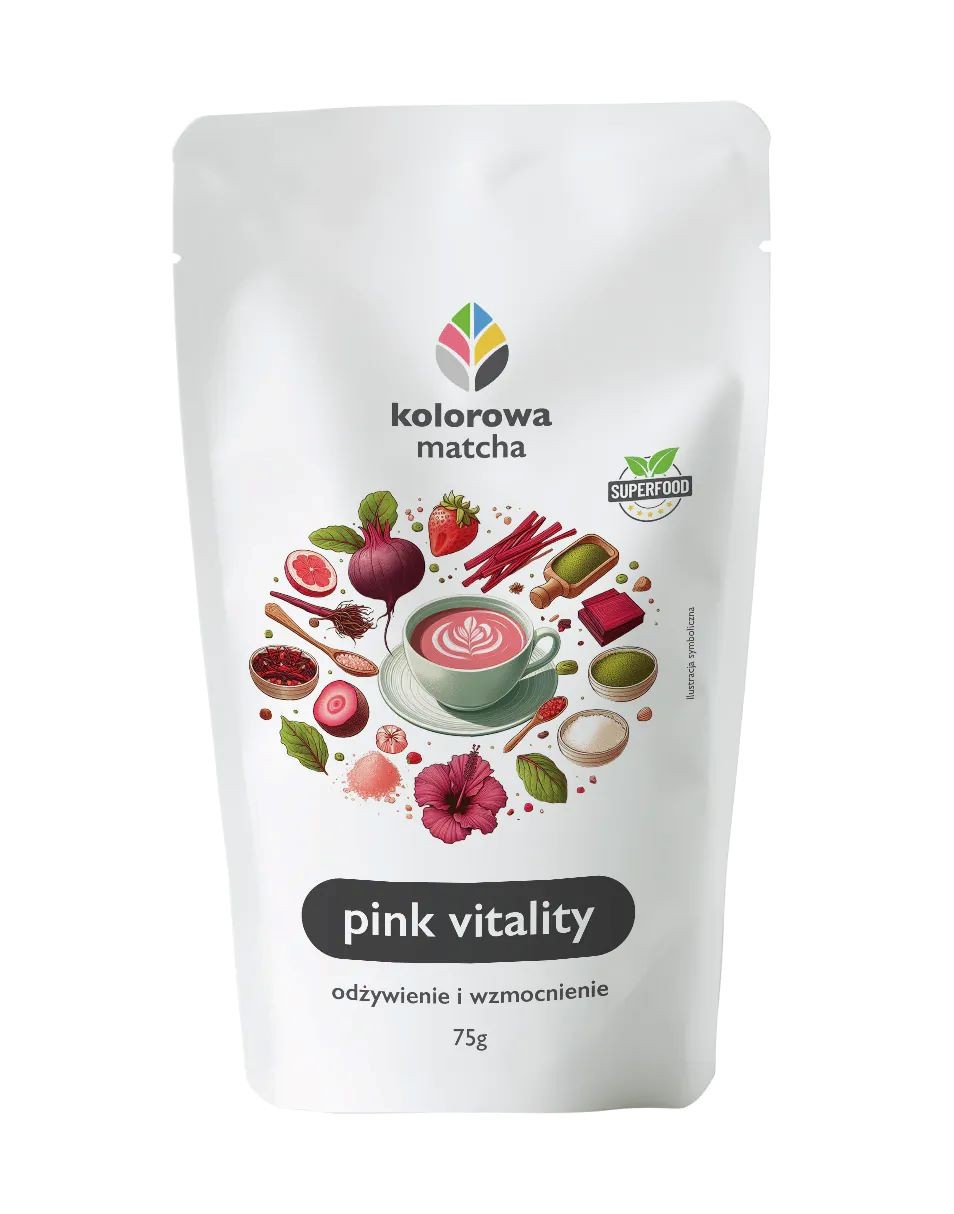 Opakowanie "kolorowa matcha pink vitality", z ilustracją różowej herbaty i składników: burak, hibiskus, owoce i przyprawy.