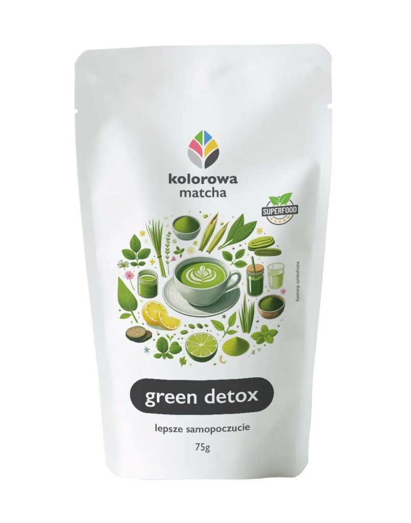Opakowanie "kolorowa matcha green detox", z ilustracją zielonej herbaty, owoców, trawy cytrynowej i limonki.