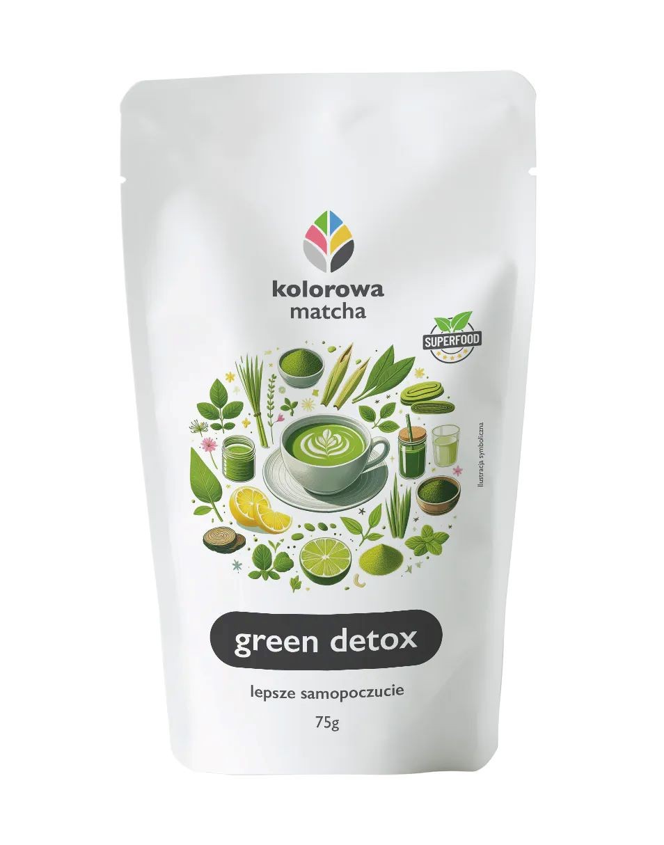 Opakowanie "kolorowa matcha green detox", z ilustracją zielonej herbaty, owoców, trawy cytrynowej i limonki.