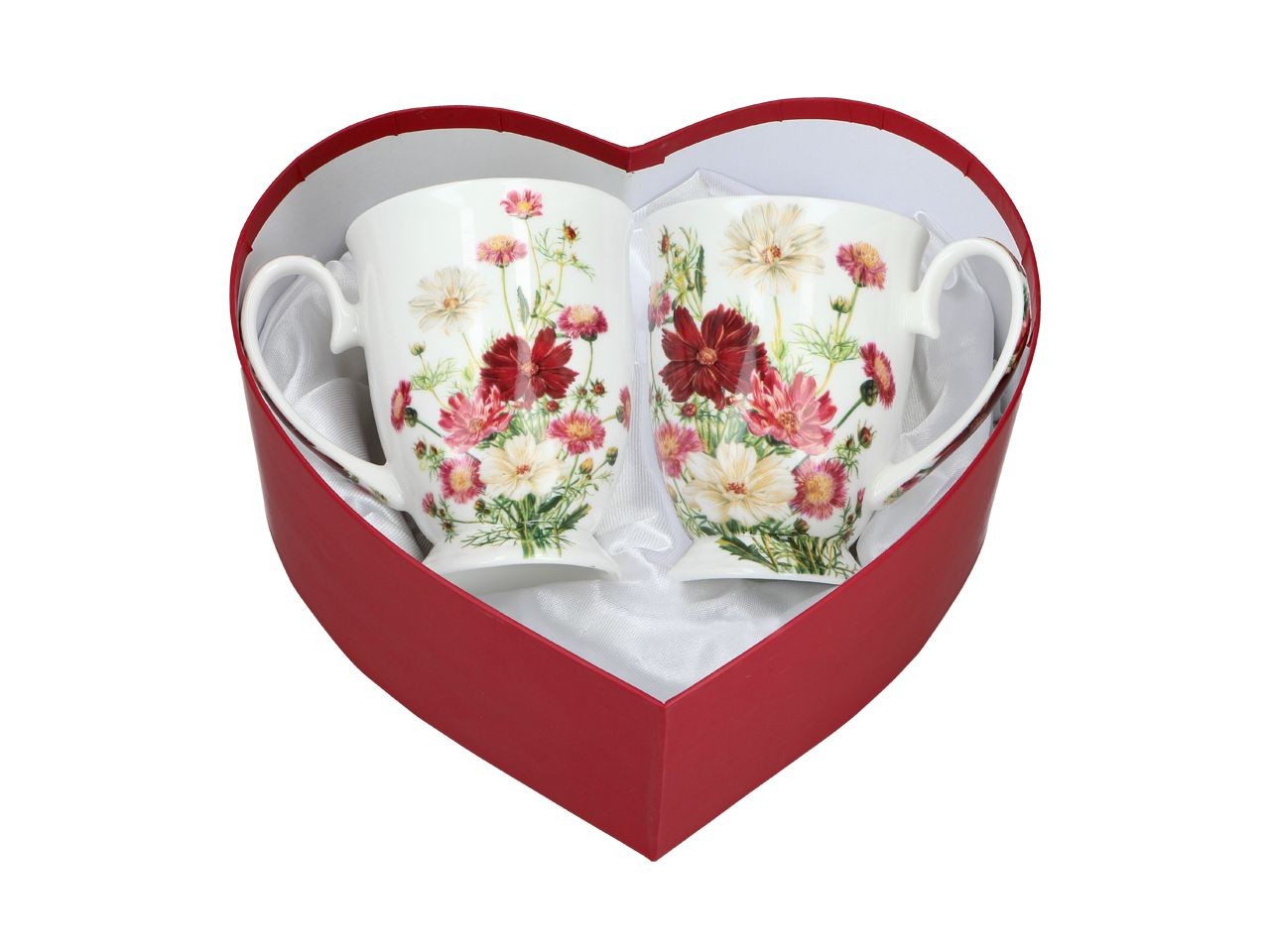 Dwa porcelanowe kubki z motywem kwiatów, zapakowane w eleganckie czerwone pudełko w kształcie serca.