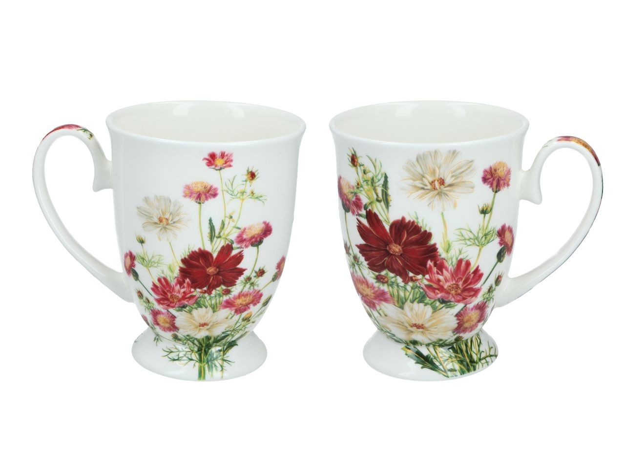 Komplet dwóch porcelanowych kubków we wzory kwiatowe – w odcieniach czerwieni, różu i ecru.