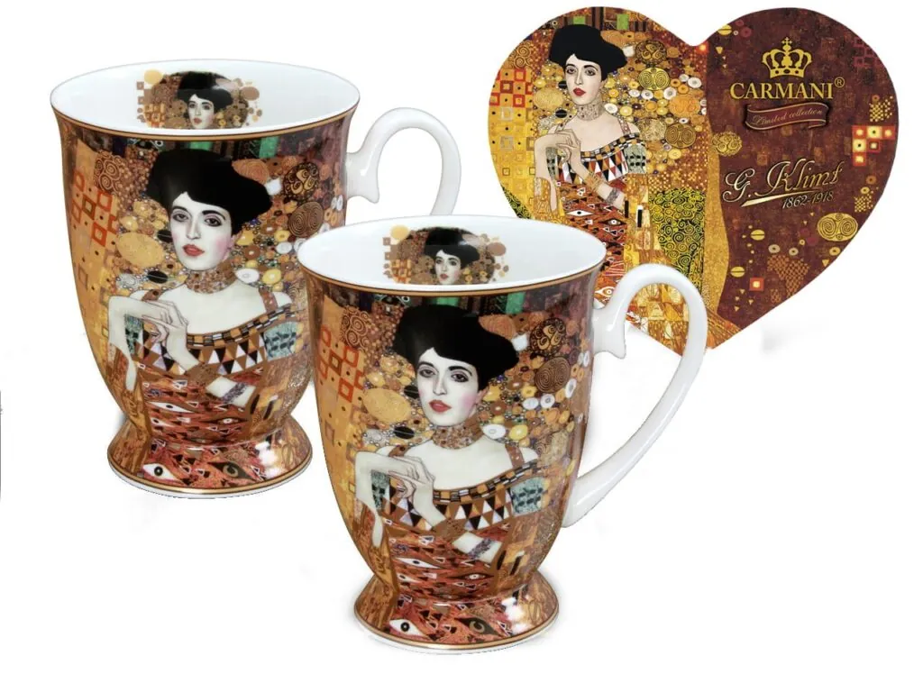 Komplet dwóch kubków Carmani z motywem Gustav Klimt „Adelheid Bloch-Bauer” w ozdobnym, serduszkowym opakowaniu.