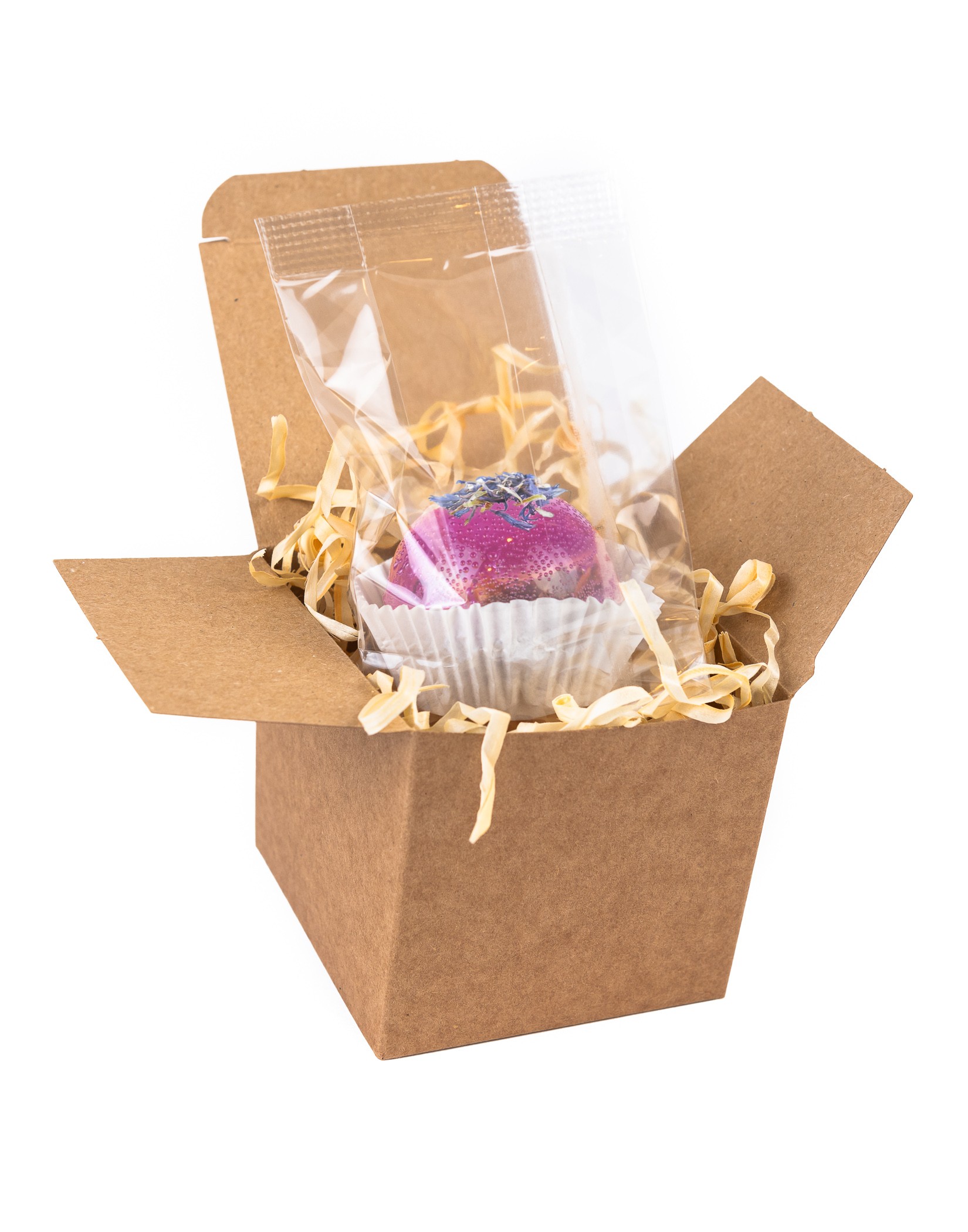 Purple flower tea ball with lavender, in cellophane, packed in a decorative box with decorative hay.