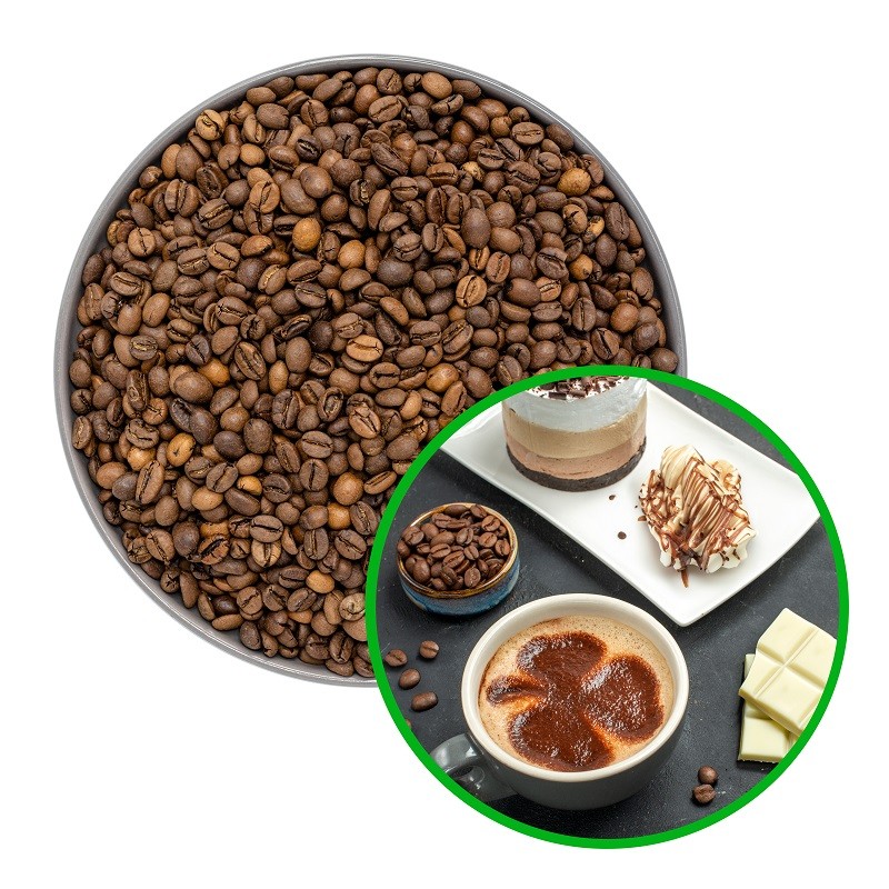 Obraz przedstawia palone ziarna kawy oraz napój kawowy z deserami i białą czekoladą.