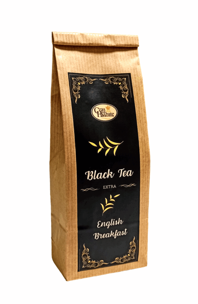 Brązowe opakowanie z czarną etykietą "Black Tea Extra English Breakfast" marki Czas na Herbatę.