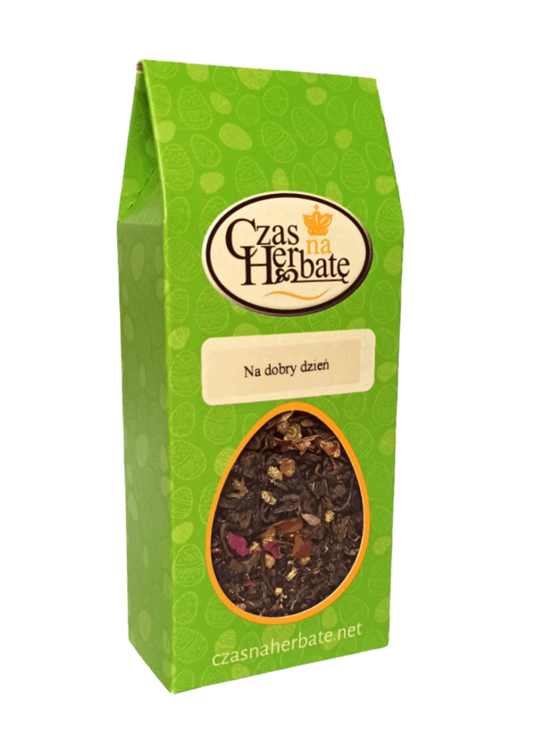 Opakowanie zielonej herbaty "Na dobry dzień" z okienkiem ukazującym mieszankę i logo Czas na Herbatę.