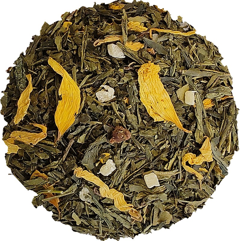 Close-up of green tea blend with yellow flower petals and pieces of fruit.