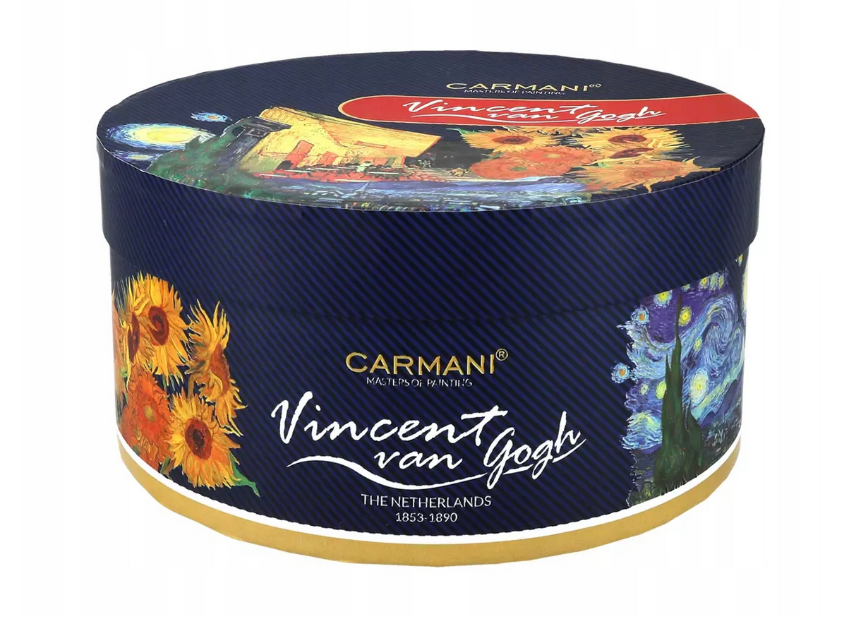 Okrągłe pudełko Carmani z motywami malarstwa Vincenta van Gogha na granatowym tle, z nazwiskiem artysty.