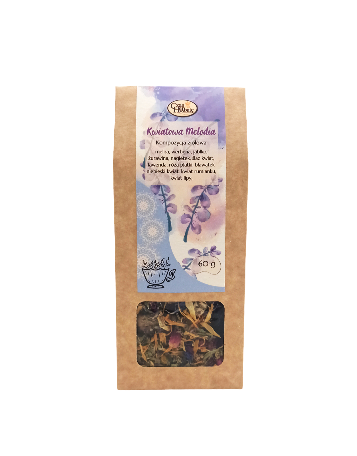 Widok z przodu na opakowanie ziołowej herbaty Kwiatowa Melodia z widoczną etykietą i okienkiem ukazującym mieszankę suszu.