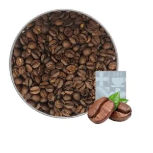 Medium roasted brown coffee beans in a tin, at the bottom a graphic of two coffee beans with green leaves against a gray rectangle.
